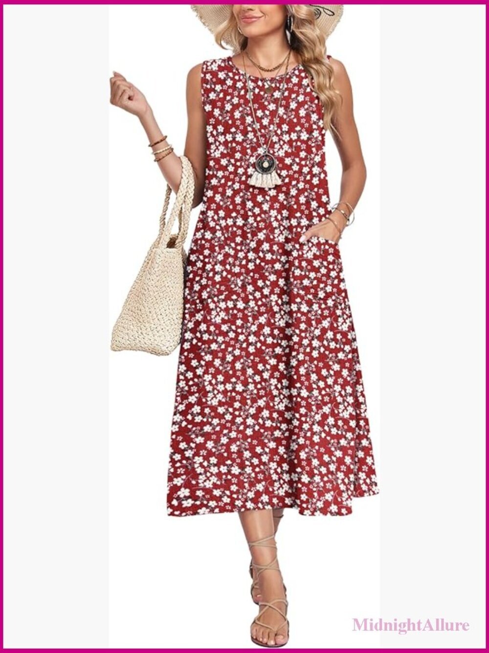 Womens Summer Midi Casual Dress with Pockets Sleeveless Crewneck Sundress - Picture 1 of 7